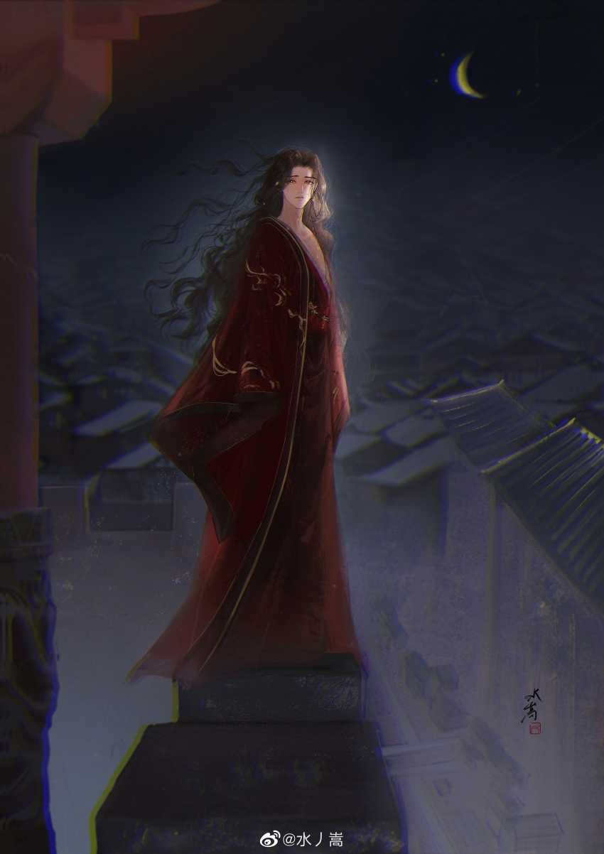 1boy, absurdres, architecture, attempted_suicide, balcony, black_hair, chinese_clothes, chinese_commentary