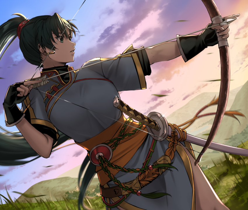 1girl, aiming, arrow_(projectile), blade_of_grass, blue_dress, bow_(weapon), breasts, delsaber, dress, earrings, fingerless_gloves, fire_emblem, fire_emblem:_the_blazing_blade, gloves, green_eyes, green_hair, high_ponytail, hill, holding, holding_arrow, holding_bow_(weapon), holding_weapon, jewelry, large_breasts, long_hair, lyn_(fire_emblem), nintendo, outdoors, pelvic_curtain, ponytail, rope_belt, side_slit, solo, sword, weapon