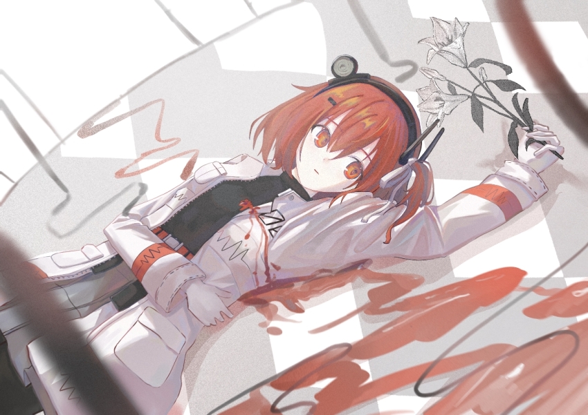 1girl, a.i._voice, adachi_rei, arm_up, belt, black_shirt, blood, blurry