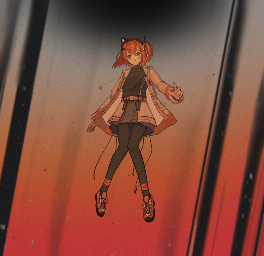 1girl, a.i._voice, adachi_rei, black_pantyhose, black_shirt, cable, commentary, drawstring