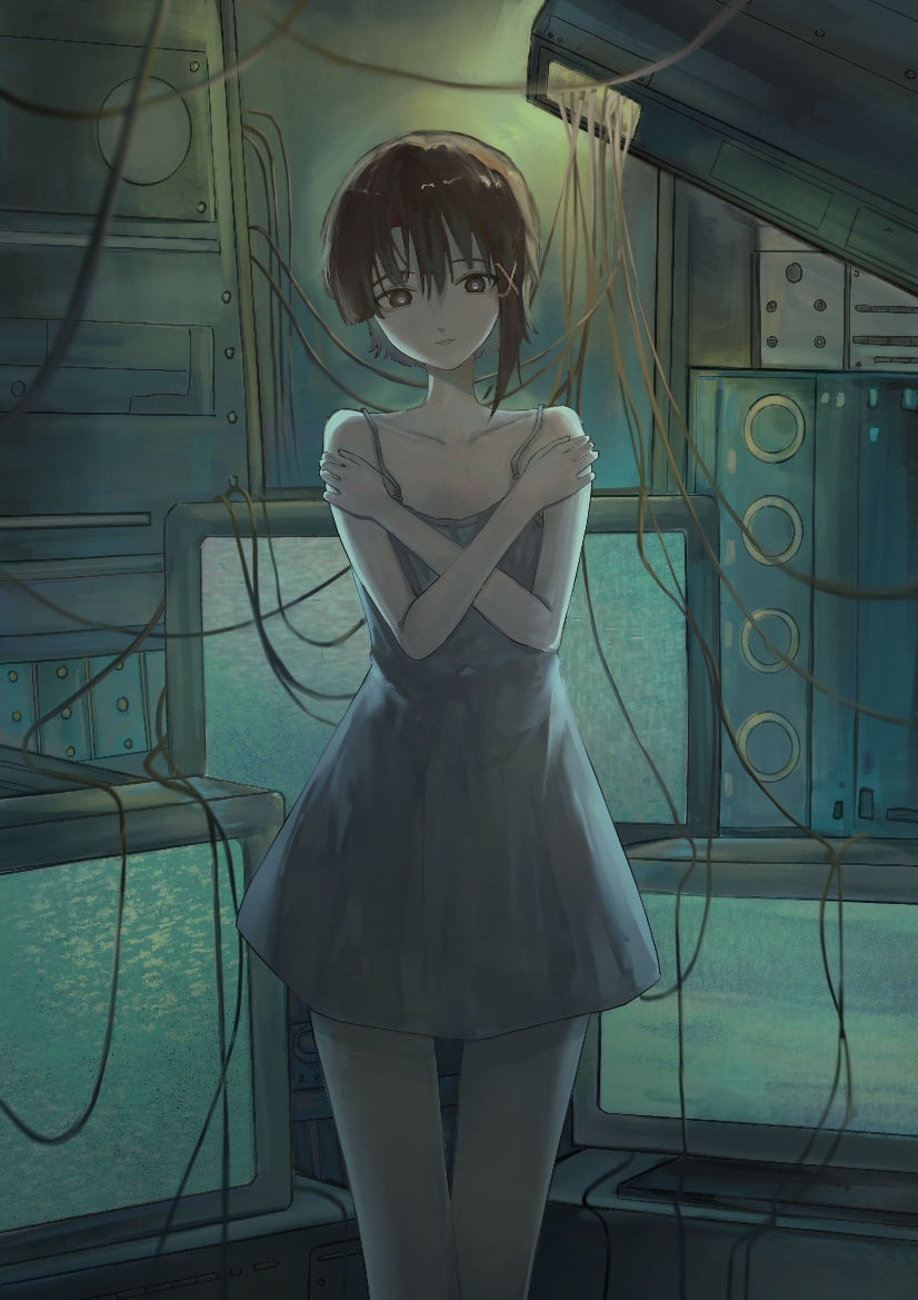 1girl, bare_shoulders, brown_eyes, brown_hair, cable, collarbone, commentary, crossed_arms