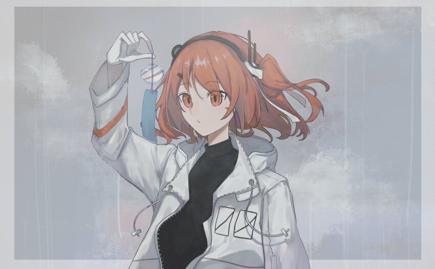 1girl, a.i._voice, adachi_rei, arm_up, black_shirt, closed_mouth, commentary, drawstring, gloves, grey_background, hair_ribbon, highres, holding, holding_wind_chime, hood, hood_down, hooded_jacket, ibulyn, jacket, one_side_up, open_clothes, open_jacket, orange_eyes, orange_hair, outside_border, ribbon, shirt, solo, turtleneck, upper_body, utau, white_gloves, white_jacket, white_ribbon, wind, wind_chime