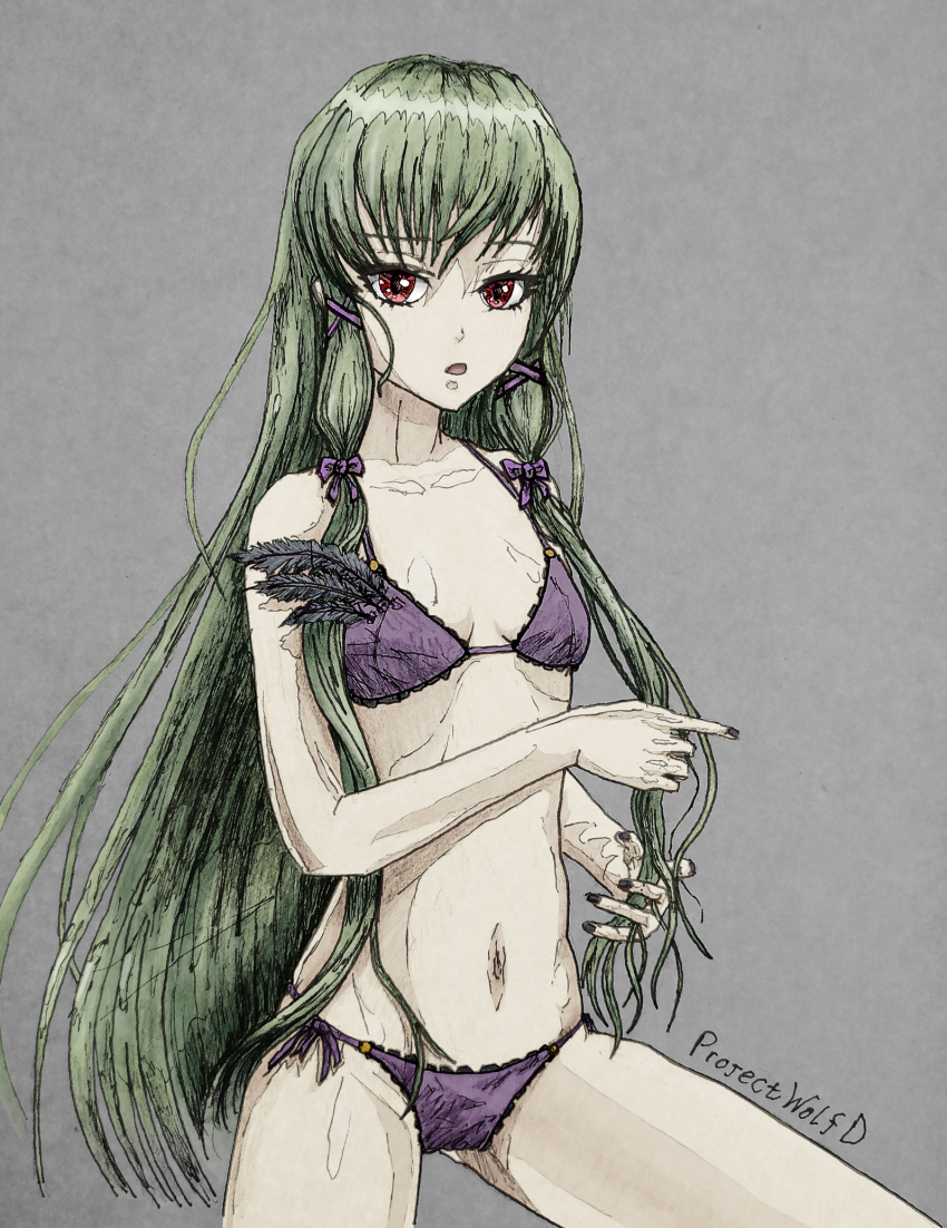 1girl, android, bikini, breasts, brown_dust_(series), brown_dust_2, feet_out_of_frame, green_hair