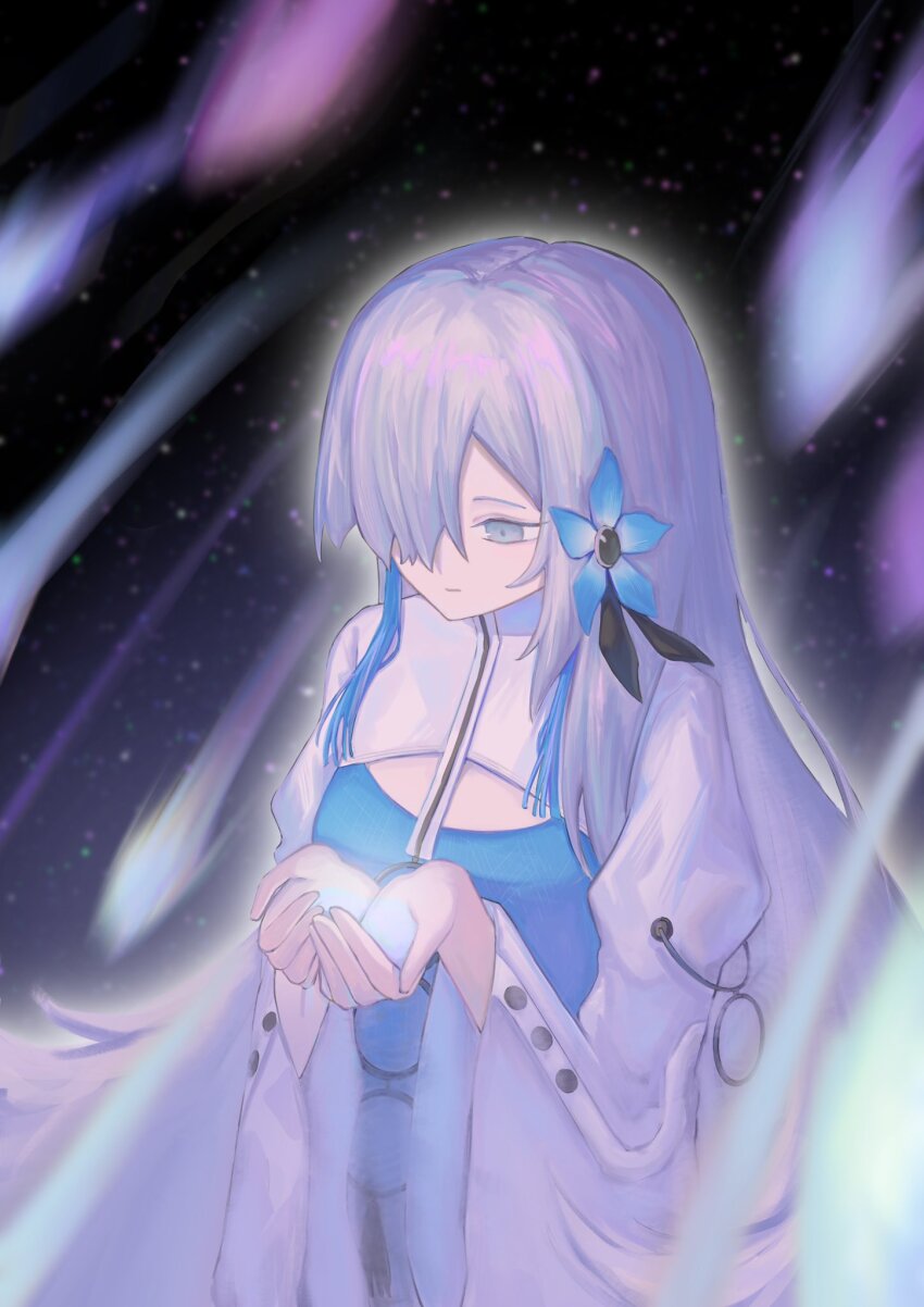 1girl, blue_dress, blue_flower, cupping_hands, dress, flower, grey_eyes, hair_flower