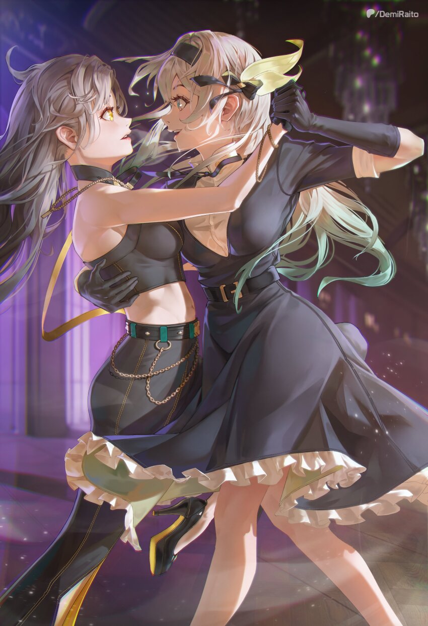 2girls, absurdres, alternate_costume, black_dress, black_footwear, black_gloves, commission, dancing