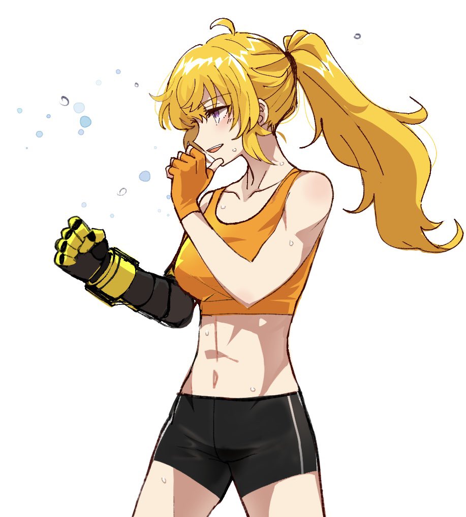 1girl, black_shorts, blonde_hair, boxing, clenched_hands, cowlick, fighting_stance, fingerless_gloves