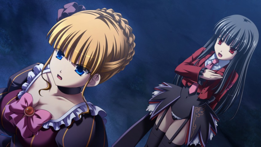 2girls, beatrice_(umineko), black_flower, black_hair, black_rose, black_thighhighs, blonde_hair, blue_eyes