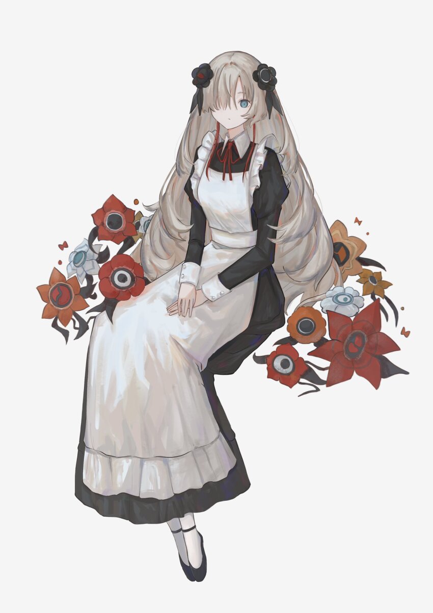 alternate_costume, apron, black_dress, black_flower, black_shoes, dress, enmaided, flower