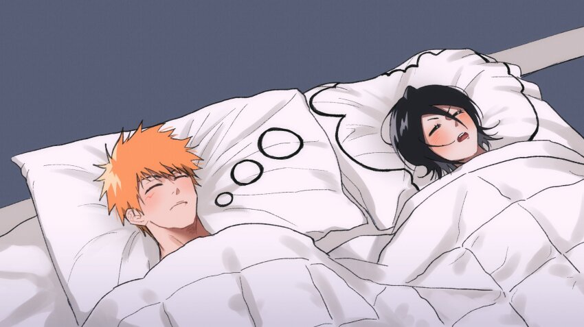 1boy, 1girl, black_hair, blanket, bleach, blush, closed_eyes, commentary, dreaming_pillow_motif_(meme), futon, gwao_(_ul_13), hair_between_eyes, highres, kuchiki_rukia, kurosaki_ichigo, lying, on_back, open_mouth, orange_hair, pillow, saliva, sleeping, speech_bubble, untranslatable_commentary, teeth, thought_bubble, under_covers, upper_teeth_only