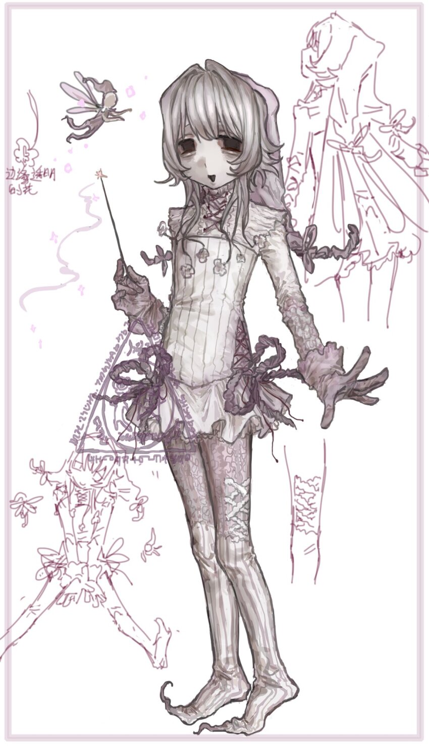 1girl, aegyo_sal, black_eyes, border, creature, dress, empty_eyes, fairy