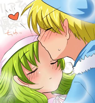 1boy, 1girl, 6v6_f5, blonde_hair, blue_hat, blush, close-up, closed_eyes