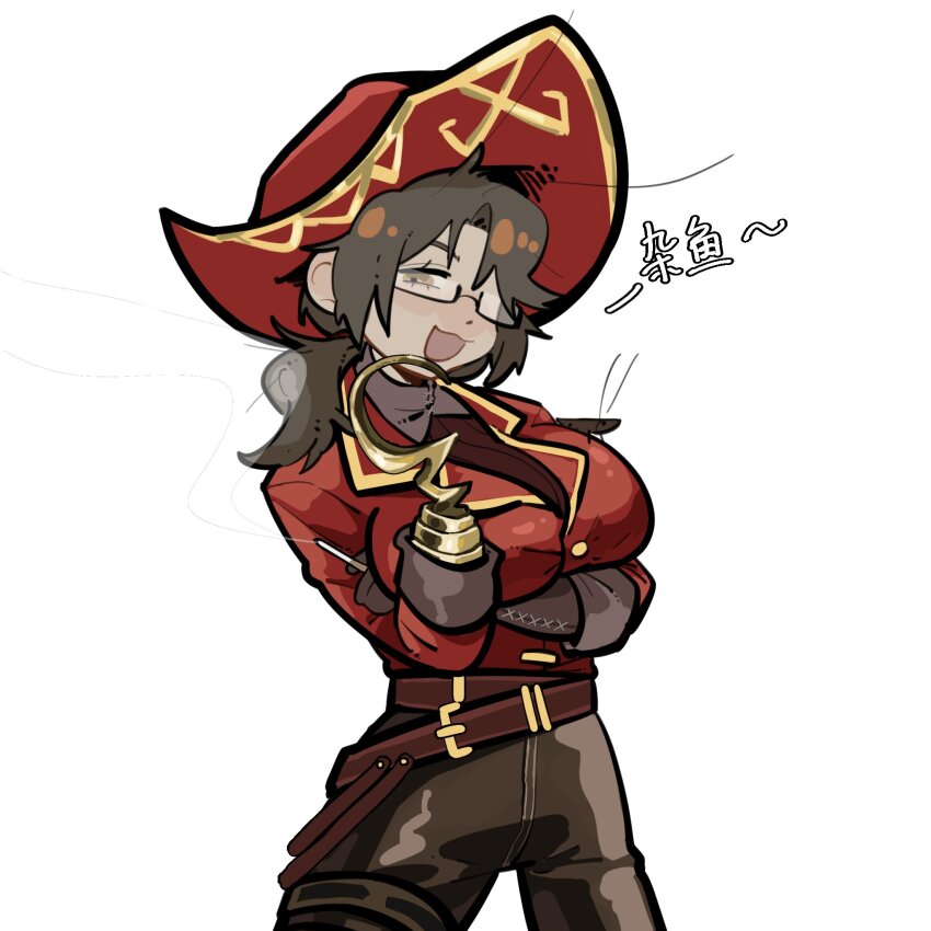 1girl, belt, black_pants, breasts, brown_belt, genderswap, genderswap_(mtf), gold_trim, gregor_(project_moon), hand_up, hat, highres, hook_hand, jacket, large_breasts, limbus_company, looking_at_viewer, pants, pirate_costume, pirate_hat, project_moon, qingy7441, red_hat, red_jacket, red_sweater, solo, sweater, twinhook_pirates_(identity)_(project_moon), wing_collar
