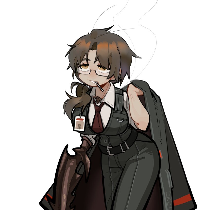 1girl, :3, belt, black_belt, black_pants, black_vest, breasts, brown_eyes, brown_hair, coat, collared_shirt, cowboy_shot, genderswap, genderswap_(mtf), glasses, gregor_(project_moon), grin, highres, holding, holding_coat, holding_unworn_clothes, large_breasts, limbus_company, low_ponytail, necktie, pants, parted_bangs, ponytail, project_moon, qingy7441, red_necktie, shirt, smile, solo, unworn_coat, vest, white_shirt