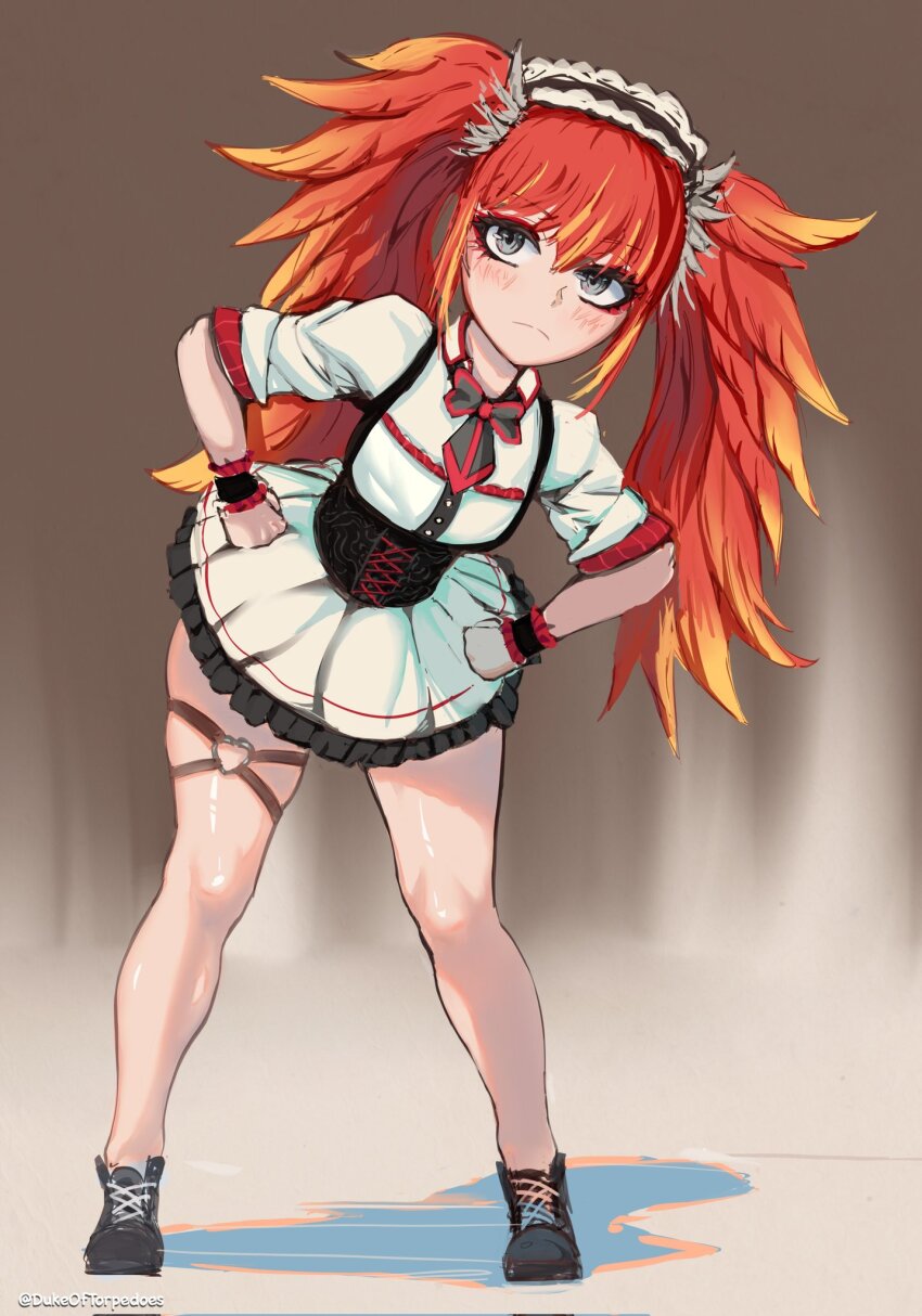 1girl, baby_mimi, black_corset, black_footwear, blonde_hair, blush, bond_en, closed_mouth, commentary, corset, cross-laced_clothes, cross-laced_corset, dress, dukeoftorpedoes, english_commentary, eyelashes, eyeshadow, frown, full_body, grey_eyes, heart, heart_o-ring, highres, maid_headdress, makeup, o-ring, orange_hair, red_eyeshadow, solo, standing, twintails, twitter_username, virtual_youtuber, white_dress