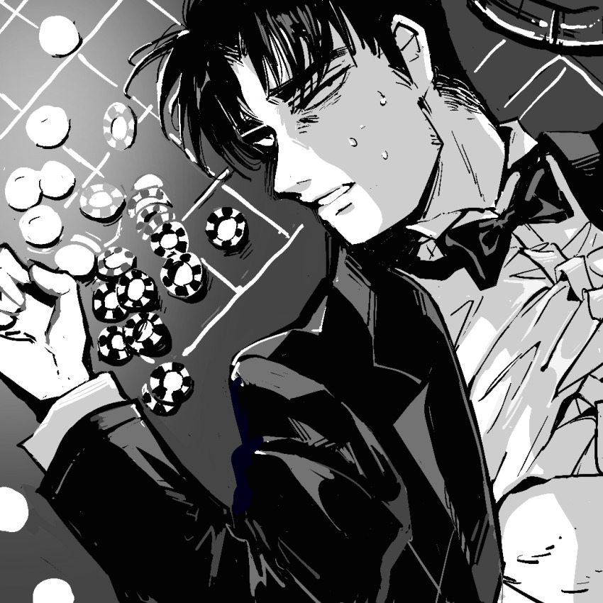1boy, bow, bowtie, clothes_lift, collared_shirt, commentary_request, formal_clothes, greyscale