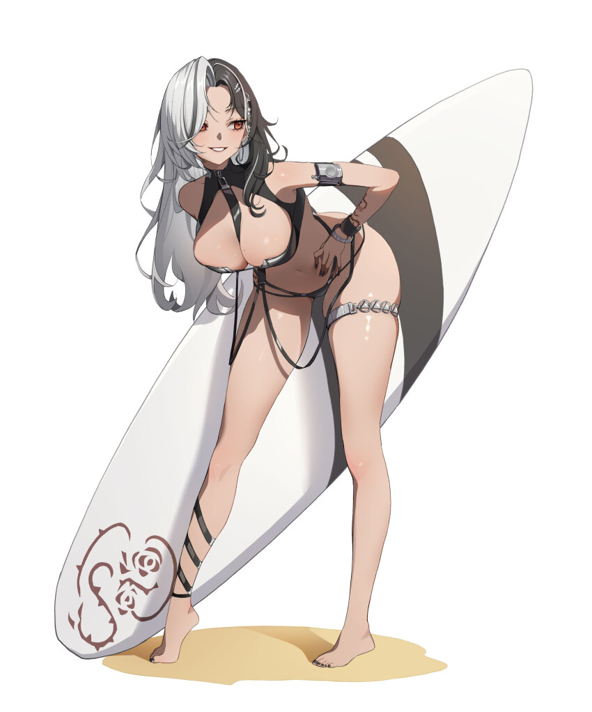 :d, absurdres, between_breasts, bikini, black_bikini, breasts, goddess_of_victory:_nikke, highres, jewelry, leaning_forward, multicolored_hair, open_mouth, rosanna_(chic_ocean)_(nikke), rosanna_(nikke), sand, smile, surfboard, swimsuit, tattoo, thighlet, two-tone_hair, uz_(uzru0428), white_background, wrist_tattoo