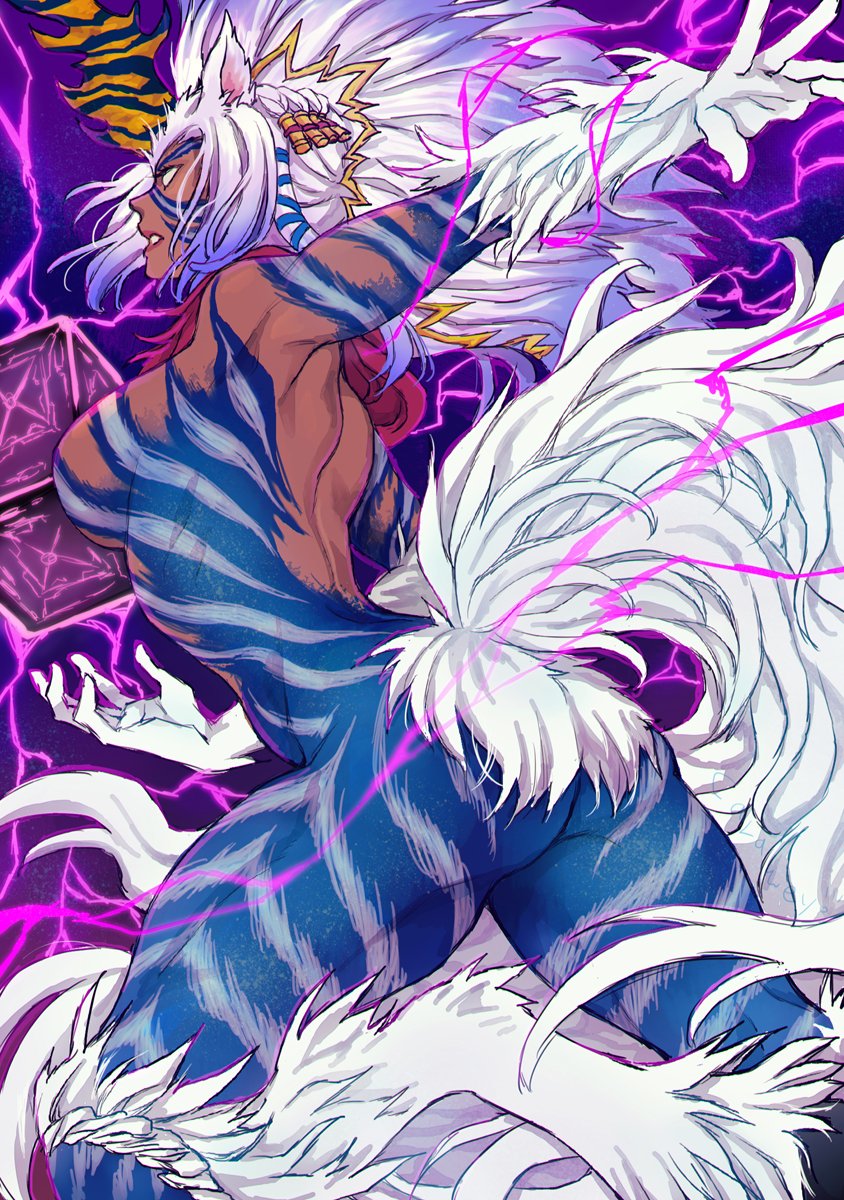 1girl, animal_ears, ass, breasts, clenched_teeth, cube, dark-skinned_female, dark_skin, electricity, eutrope_(ff14), final_fantasy, final_fantasy_xiv, glowing, glowing_eyes, gradient_hair, grey_hair, highres, hooves, horns, horse_ears, horse_girl, horse_tail, multicolored_hair, reitomo, single_horn, solo, striped_fur, tail, teeth, wicked_thunder_(ff14)