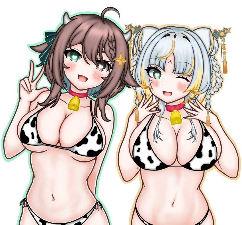 2girls, :d, ;d, absurdres, ahoge, animal_ears, animal_print, bell