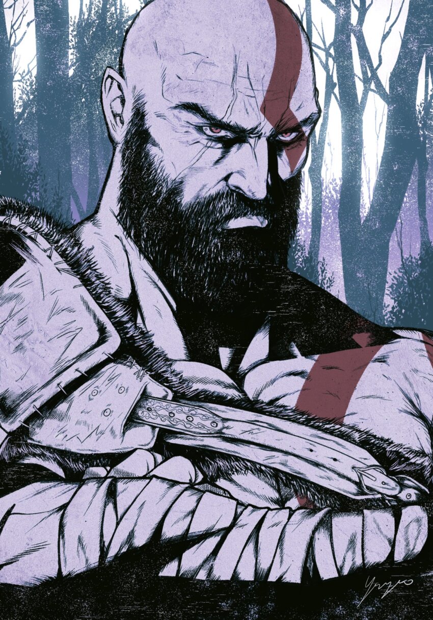 1boy, bald, bandaged_arm, bandages, bare_tree, beard, commentary, english_commentary