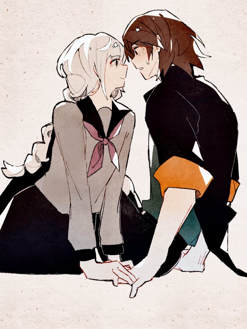 171400, 2boys, black_jacket, black_pants, black_skirt, braid, brown_hair, commentary