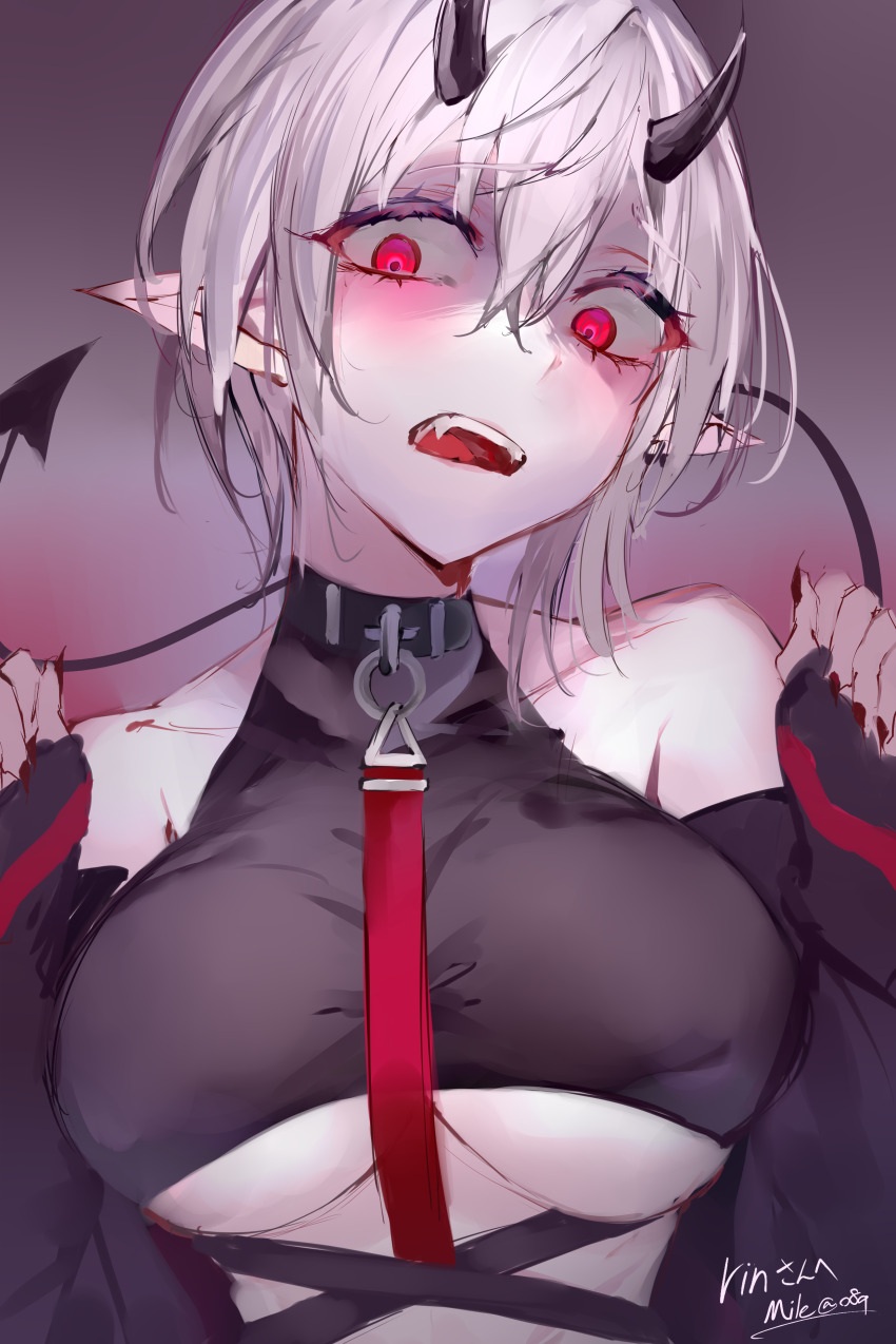 absurdres, bare_shoulders, black_choker, black_horns, breasts, choker, demon_tail, ear_piercing