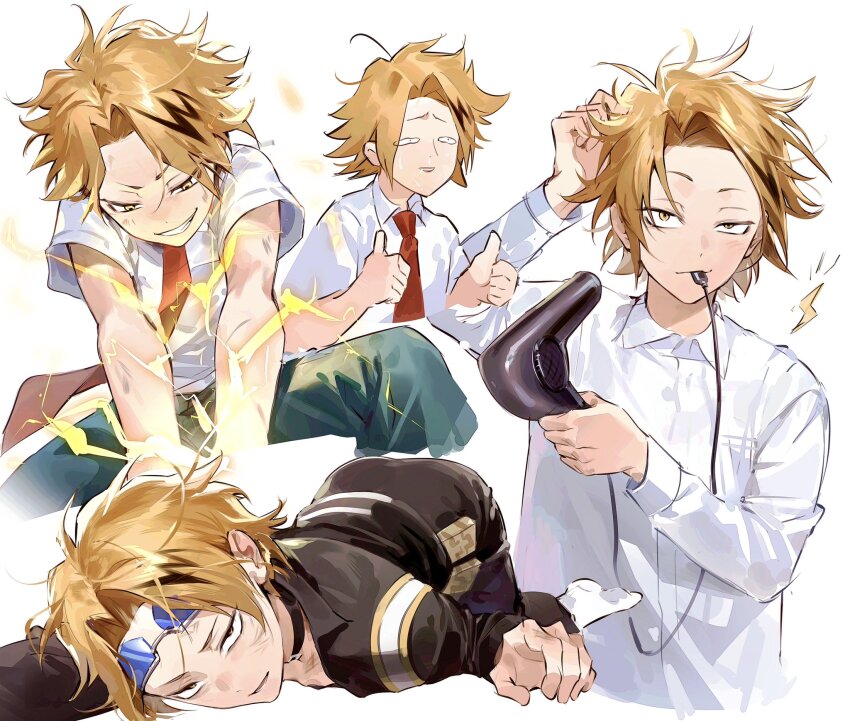 1boy, black_choker, black_jacket, black_pants, blonde_hair, boku_no_hero_academia, cable, cable_in_mouth, choker, closed_mouth, collared_shirt, commentary, cropped_arm, cropped_legs, dress_shirt, drying, drying_hair, electricity, eyewear_on_head, grin, hair_dryer, hand_in_own_hair, herovvvzzz, highres, jacket, kaminari_denki, lightning_bolt_symbol, long_sleeves, male_focus, multicolored_hair, multiple_views, necktie, pants, parted_bangs, red_necktie, shirt, simple_background, smile, socks, streaked_hair, sunglasses, superhero_costume, thumbs_up, top-down_bottom-up, unworn_eyewear, white_background, white_shirt, white_socks, yellow_eyes