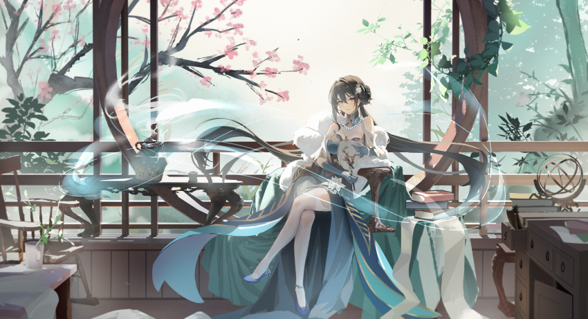 1girl, absurdres, aqua_collar, aqua_dress, aqua_gloves, bead_necklace, beads, black_hair