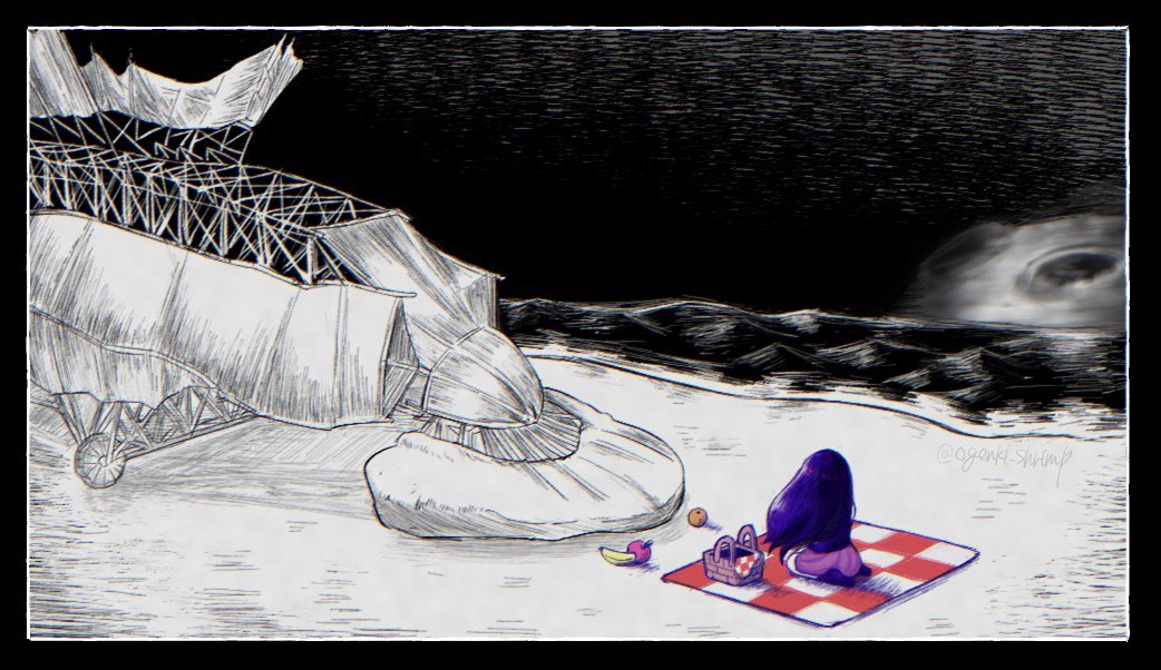 1girl, apple, artist_name, banana, checkered_blanket, food, from_behind, fruit