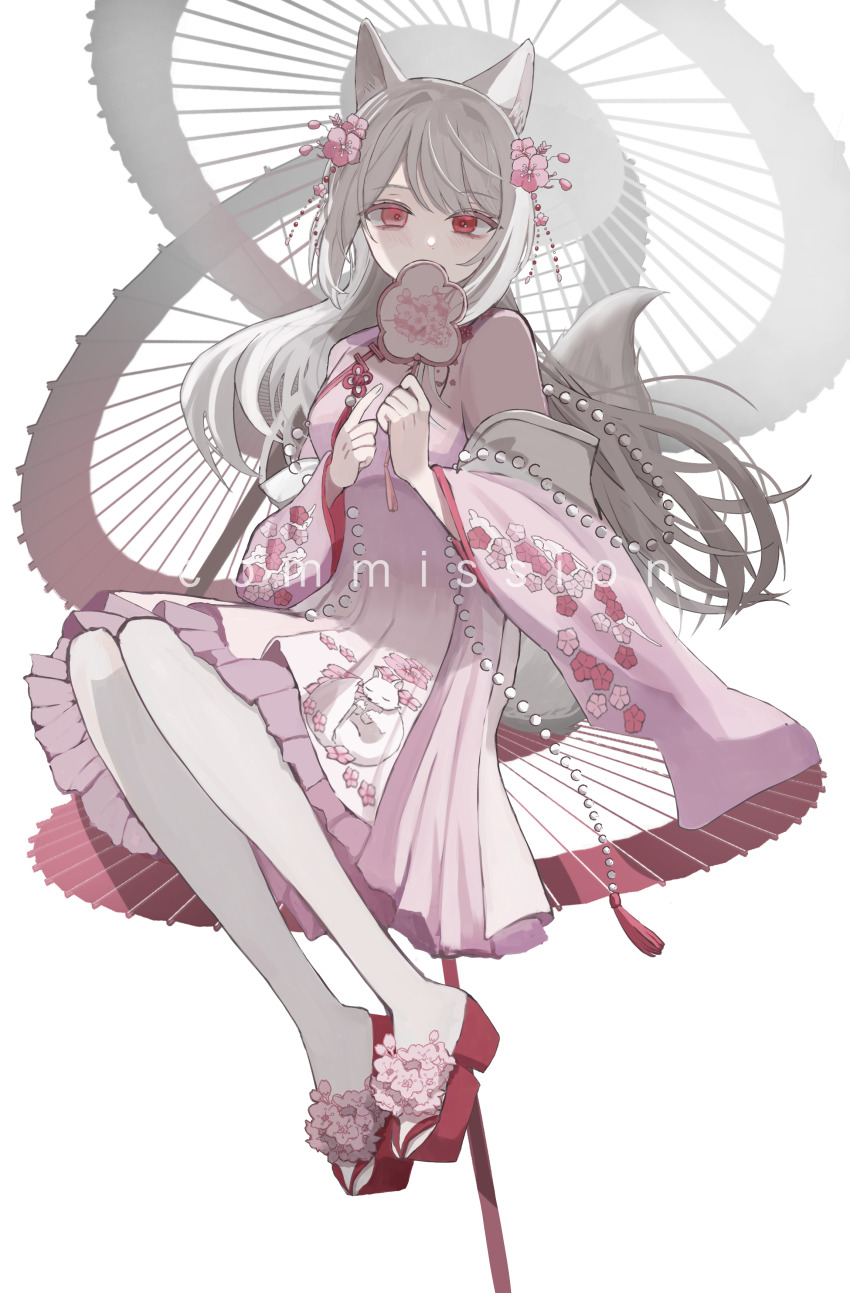1girl, absurdres, animal_ears, blush, character_request, commission, copyright_request, dress, flower, fox_ears, fox_girl, fox_tail, full_body, hair_flower, hair_ornament, highres, holding, kitsune, kuleha_s, light_blush, long_hair, long_sleeves, looking_at_viewer, oil-paper_umbrella, red_eyes, red_shoes, shoes, simple_background, sitting, skeb_commission, tail, umbrella, very_long_hair, white_background, white_hair