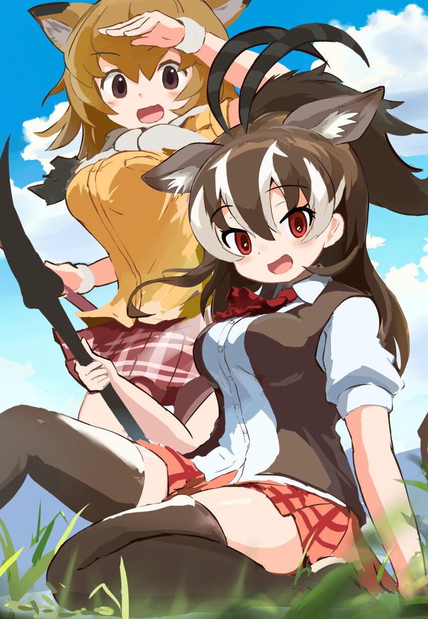2girls, antelope_ears, antelope_horns, bow, bowtie, brown_hair, brown_sweater, brown_thighhighs, brown_vest, collared_shirt, common_eland_(kemono_friends), extra_ears, grass, hair_between_eyes, highres, horns, kemono_friends, kneeling, koutsuu_(koutuukanseikan), light_brown_hair, long_hair, multicolored_hair, multiple_girls, neckerchief, open_clothes, open_vest, plaid_clothes, plaid_skirt, pleated_skirt, polearm, puffy_short_sleeves, puffy_sleeves, red_eyes, red_neckerchief, red_skirt, sable_antelope_(kemono_friends), shirt, short_hair, short_sleeves, sidelocks, single_horn, skirt, spear, sweater, thighhighs, two-tone_hair, vest, weapon, white_bow, white_bowtie, white_hair, white_shirt, wristband, zettai_ryouiki