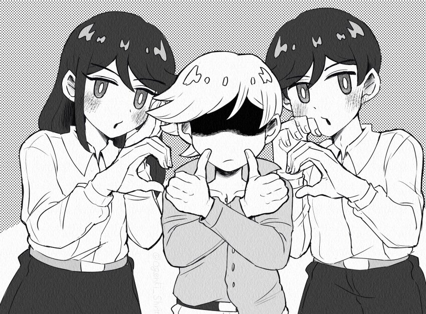 1girl, 2boys, blush, bowen_(omori), closed_mouth, collarbone, collared_shirt, commentary