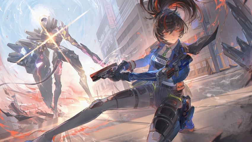 1girl, absurdres, ammunition, black_gloves, black_hair, black_pants, blue_jacket, blue_necktie, blue_shoes, building, checkered_necktie, chunbuchou, closed_mouth, collared_shirt, commentary_request, cropped_jacket, expressionless, foot_out_of_frame, gloves, green_necktie, gun, hair_between_eyes, hairband, highres, holding, holding_gun, holding_weapon, jacket, long_hair, long_sleeves, looking_at_viewer, metal_hairband, monster, multicolored_hair, necktie, open_clothes, open_jacket, outdoors, pants, ponytail, red_eyes, red_hair, shirt, shoes, solo, squatting, streaked_hair, tight_clothes, tight_pants, weapon, white_shirt, zenless_zone_zero, zhu_yuan