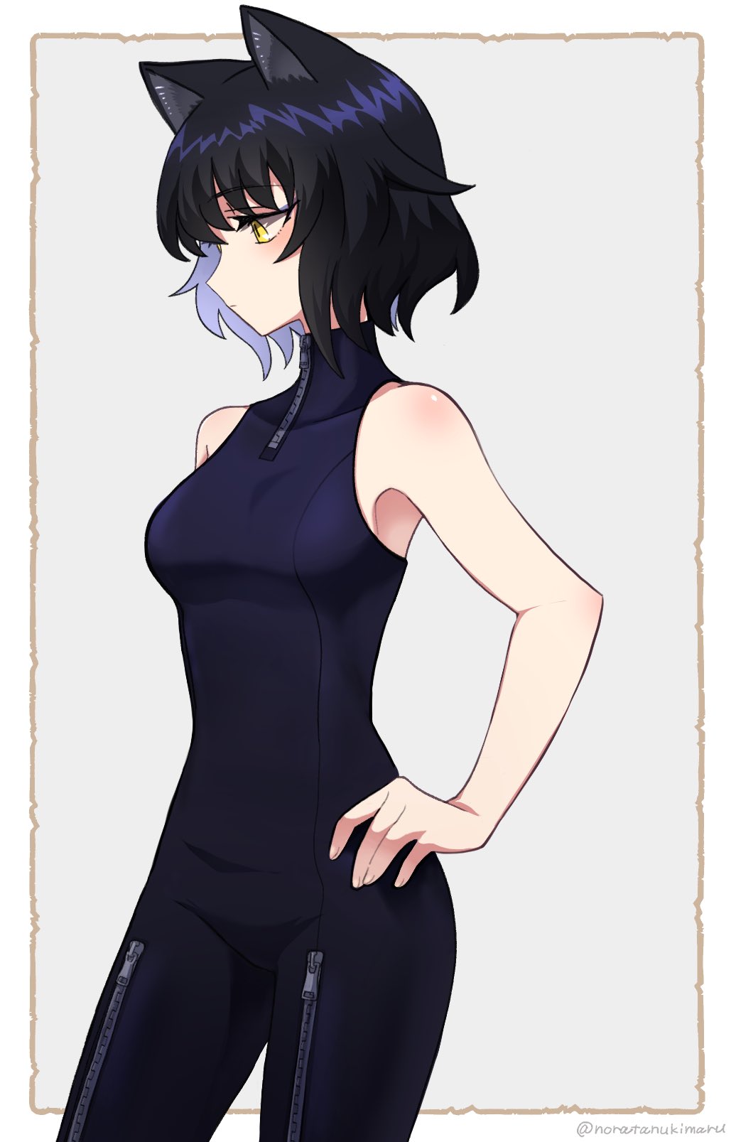 1girl, animal_ears, armpits, artist_name, bare_shoulders, black_hair, blake_belladonna, breasts, cat_girl, catsuit, hand_on_own_hip, highres, leather_suit, noratanukimaru, profile, rwby, short_hair, simple_background, sleeveless, standing, twitter_username, white_background, yellow_eyes, zipper, zipper_pull_tab