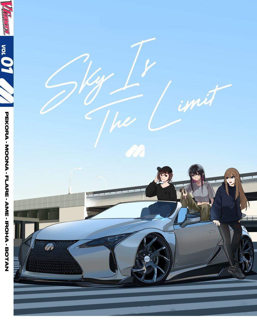 3girls, absurdres, air_max, air_max_97, artist_collaboration, asamiya_mariko_(holeecrab), baseball_cap, black_footwear