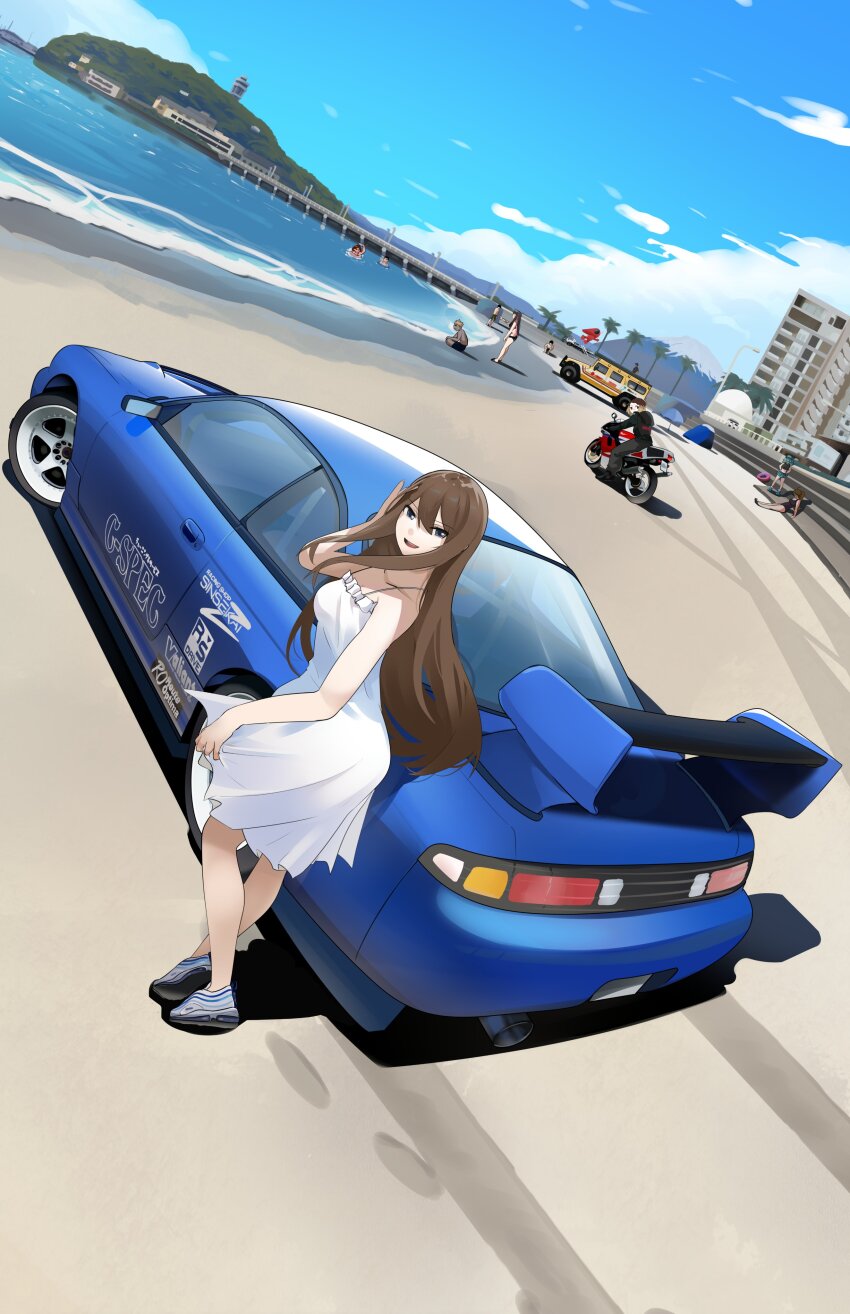 4boys, 6+girls, absurdres, air_max, air_max_97, asahan_arcila_(toonzoku), asamiya_mariko_(holeecrab), barber_girl_(holeecrab), beach, black_bodysuit, black_hair, blonde_hair, blue_car, blue_eyes, blue_hair, bodysuit, borrowed_character, brown_hair, car, cloud, dress, footprints, hair_between_eyes, highres, holeecrab, lamppost, long_hair, looking_at_viewer, motor_vehicle, motorcycle, mount_fuji, multicolored_hair, multiple_boys, multiple_girls, nike_(company), nissan, nissan_silvia, nissan_silvia_s14, ocean, original, palm_tree, purple_hair, raelyn_cunningham_(arhentol), shadow, shizuku_inoue_(haow), short_hair, sitting, sky, smile, spoiler_(automobile), sports_car, sports_utility_vehicle, streaked_hair, tree, twintails, very_long_hair, white_dress, yamaha