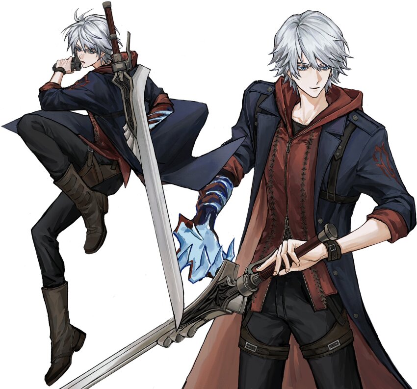 1boy, bishounen, black_pants, blue_coat, blue_eyes, bonley, boots, brown_boots