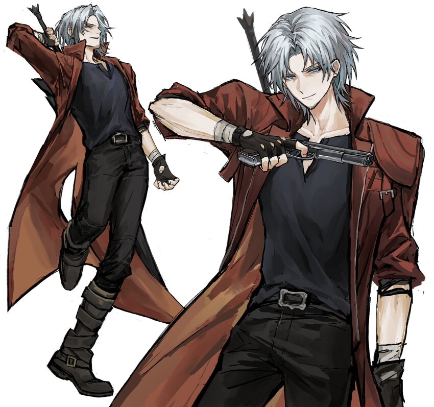 1boy, bandaged_wrist, bandages, beard_stubble, belt, belt_buckle, bishounen, black_belt, black_gloves, black_pants, black_shirt, blue_eyes, bonley, boots, brown_boots, buckle, chinese_commentary, closed_mouth, coat, commentary_request, dante_(devil_may_cry), devil_may_cry_(series), devil_may_cry_5, facial_hair, fingerless_gloves, gloves, grey_hair, gun, highres, holding, holding_gun, holding_weapon, male_focus, multiple_views, open_clothes, open_coat, pants, parted_bangs, red_coat, shirt, short_sleeves, smile, stubble, weapon