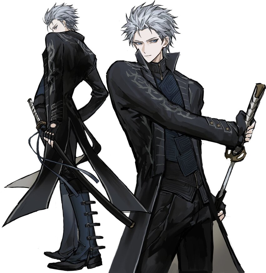 1boy, black_boots, black_coat, black_gloves, black_shirt, black_vest, blue_eyes, bonley, boots, chinese_commentary, closed_mouth, coat, commentary_request, devil_may_cry_(series), devil_may_cry_5, fingerless_gloves, gloves, grey_hair, highres, holding, holding_sword, holding_weapon, male_focus, multiple_views, open_clothes, open_coat, shirt, short_hair, simple_background, smile, sword, vergil_(devil_may_cry), vest, weapon, white_background