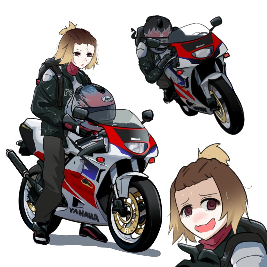 1girl, @_@, absurdres, barber_girl_(holeecrab), black_footwear, black_helmet, black_jacket, black_pants, blush, brown_eyes, brown_hair, commentary, english_commentary, flame_print, gradient_hair, helmet, highres, holeecrab, jacket, leaning_to_the_side, looking_at_viewer, motor_vehicle, motorcycle, multicolored_hair, on_motorcycle, open_mouth, original, pants, ponytail, shaded_face, shadow, short_hair, simple_background, unworn_headwear, unworn_helmet, vehicle_focus, white_background, yamaha
