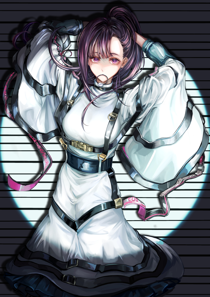 1girl, absurdres, amahara_kanade, blunt_bangs, breasts, chest_harness, cowboy_shot, hair_tie_in_mouth