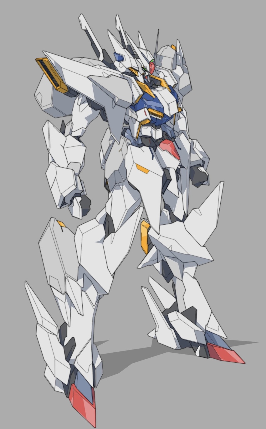 beastkingbarbaros, clenched_hands, from_side, green_eyes, grey_background, gundam, highres, mecha