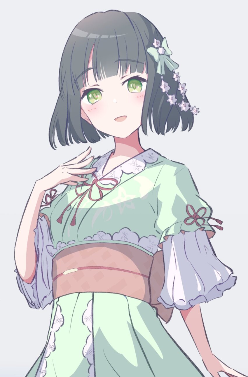 1girl, :d, aoku_haruka, arm_at_side, black_hair, blunt_bangs, blunt_ends, blush