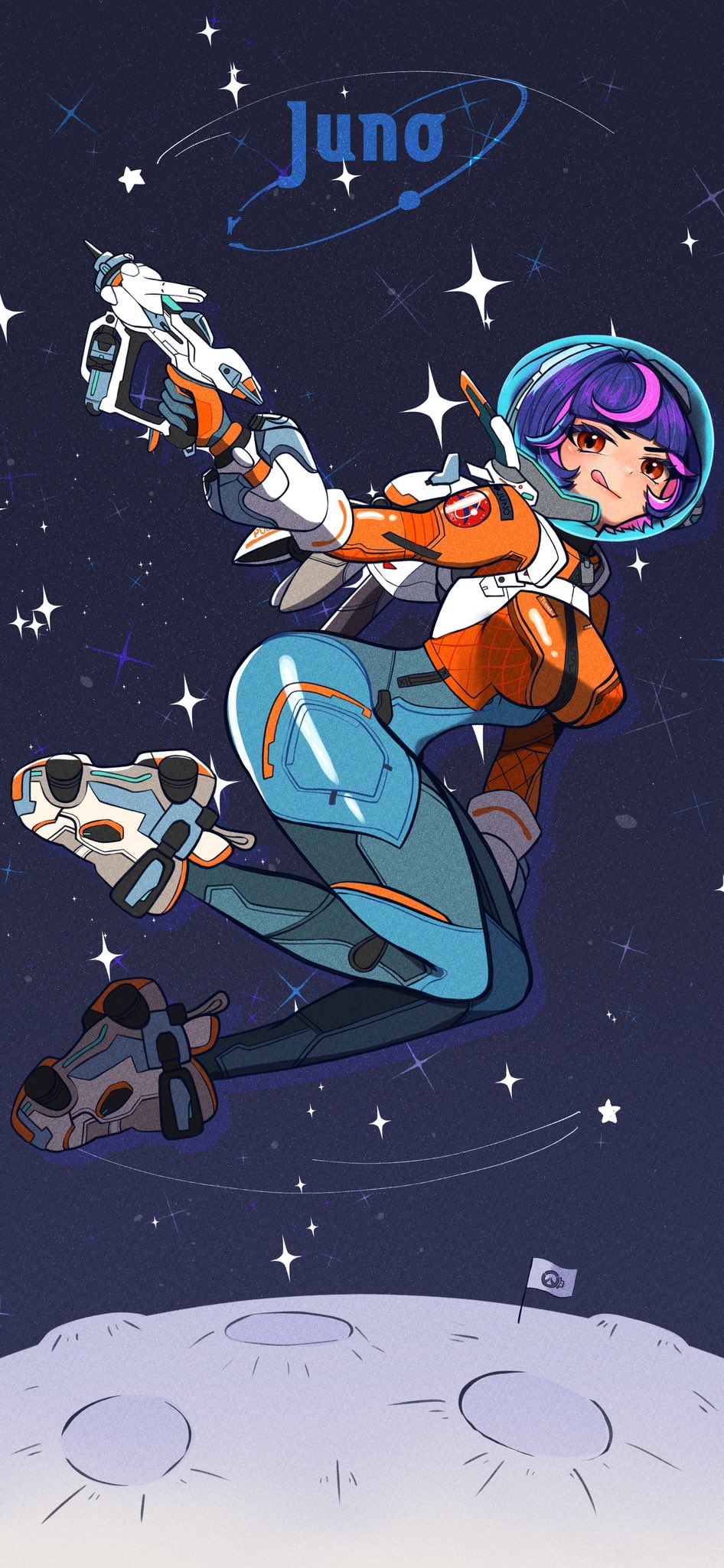 1girl, blue_bodysuit, bodysuit, boots, breasts, brown_eyes, closed_mouth, commentary_request, cropped_jacket, flag, floating, gloves, gun, handgun, helmet, highres, holding, holding_gun, holding_weapon, juno_(overwatch), kawaguti_kappa, long_sleeves, looking_at_viewer, medium_breasts, medium_hair, moon, multicolored_hair, orange_gloves, overwatch, overwatch_2, pink_hair, purple_hair, smile, solo, space, space_helmet, star_(sky), streaked_hair, tongue, tongue_out, two-sided_gloves, weapon, white_boots