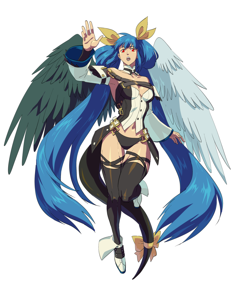 1girl, angel_wings, arm_up, armpits, ashensol, asymmetrical_wings, bare_shoulders, belt, black_panties, black_thighhighs, blue_hair, breasts, cleavage, collarbone, detached_collar, detached_sleeves, dizzy_(guilty_gear), feathered_wings, guilty_gear, guilty_gear_xrd, hair_ribbon, hair_rings, highres, large_breasts, long_hair, midriff, monster_girl, navel, panties, ribbon, showgirl_skirt, simple_background, skirt, solo, thick_thighs, thigh_strap, thighhighs, thighs, twintails, underwear, white_background, wide_sleeves, wings, yellow_ribbon