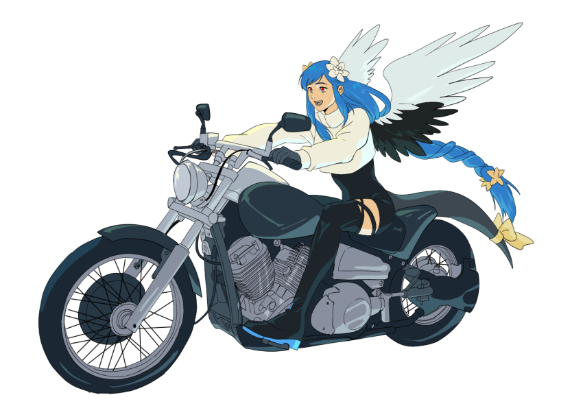 1girl, angel_wings, ashensol, asymmetrical_wings, black_thighhighs, blue_hair, braid, braided_ponytail, breasts, crop_top, cropped_sweater, dizzy_(guilty_gear), engine, feathered_wings, flower, folded_hair, gloves, guilty_gear, guilty_gear_strive, hair_flower, hair_ornament, long_hair, long_sleeves, low-tied_long_hair, monster_girl, motor_vehicle, motorcycle, open_mouth, queen_dizzy, red_eyes, ribbon, riding, sidelocks, simple_background, solo, sweater, swept_bangs, tail, tail_ornament, tail_ribbon, thigh_strap, thighhighs, white_background, wind, wind_lift, wings