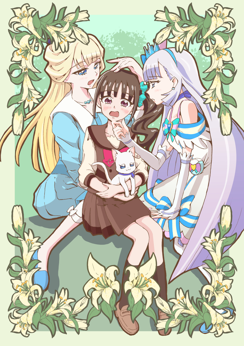 absurdres, animal, aqua_bow, aqua_bowtie, aqua_scrunchie, black_hair, black_socks, blonde_hair, blue_bow, blue_crown, blue_dress, blue_eyes, blue_footwear, blunt_bangs, blush, boots, bow, bowtie, brooch, brown_footwear, brown_shirt, brown_skirt, cat, commentary, crown, crown_earrings, cure_nyammy, dress, dress_bow, earrings, flats, flower, frown, grey_hair, hair_ornament, hair_scrunchie, half_updo, hand_on_another's_chin, hand_on_another's_head, heart, heart_brooch, highres, holding, holding_animal, hug, hug_from_behind, jewelry, kagekaku, lily_(flower), loafers, long_hair, long_sleeves, looking_at_another, magical_girl, medium_hair, mini_crown, miniskirt, multiple_persona, nekoyashiki_mayu, nekoyashiki_yuki, nekoyashiki_yuki_(cat), off-shoulder_dress, off_shoulder, open_mouth, pleated_dress, pleated_skirt, pouch, precure, purple_eyes, red_bow, red_bowtie, school_uniform, scrunchie, second_wangan_school_uniform, serafuku, shirt, shoes, short_dress, side_ponytail, sitting, skirt, socks, standing, very_long_hair, white_dress, white_footwear, wonderful_precure!, yuri