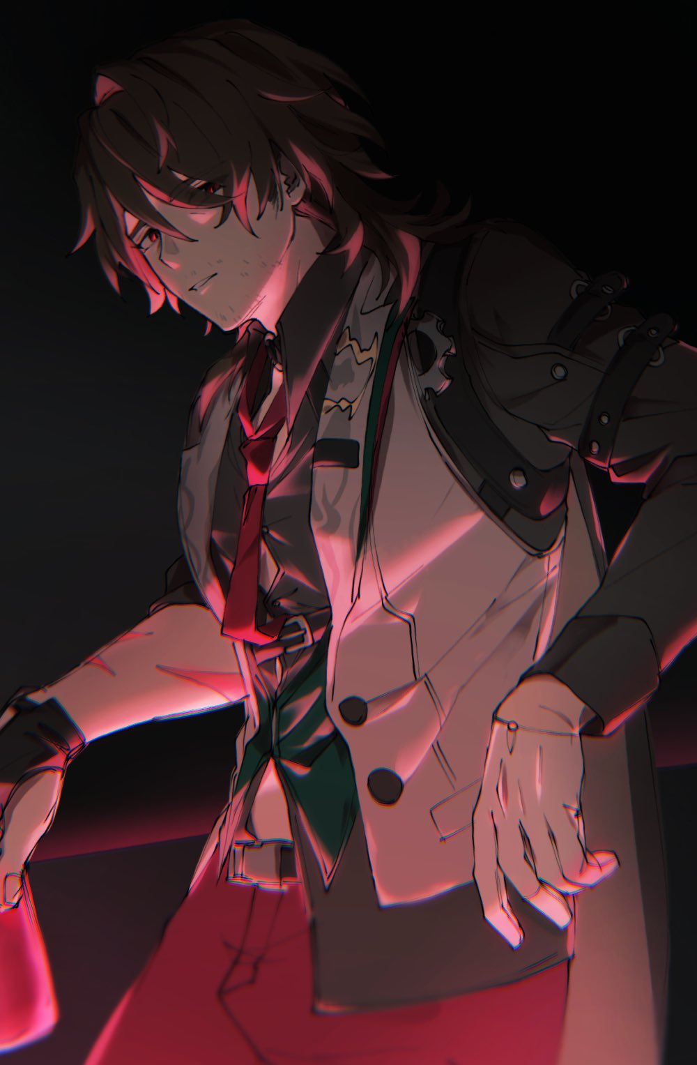 1boy, against_railing, beard_stubble, black_gloves, black_shirt, brown_hair, commentary, cup