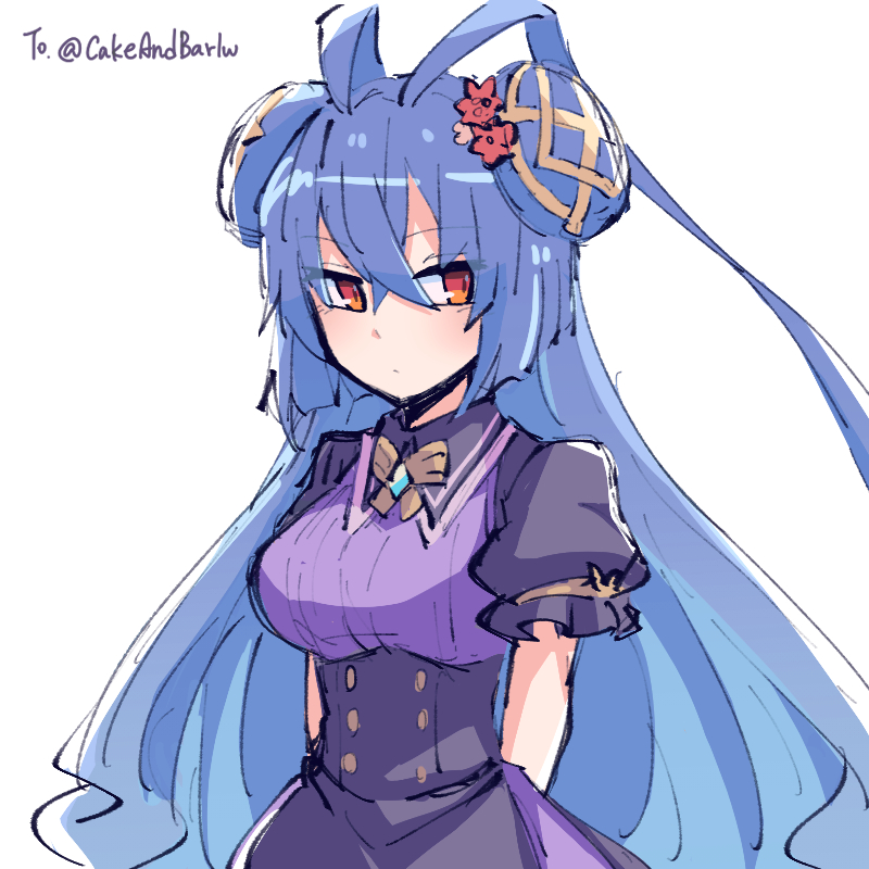 1girl, alonemistrist, antenna_hair, arms_behind_back, blue_hair, closed_mouth, dragalia_lost, dress