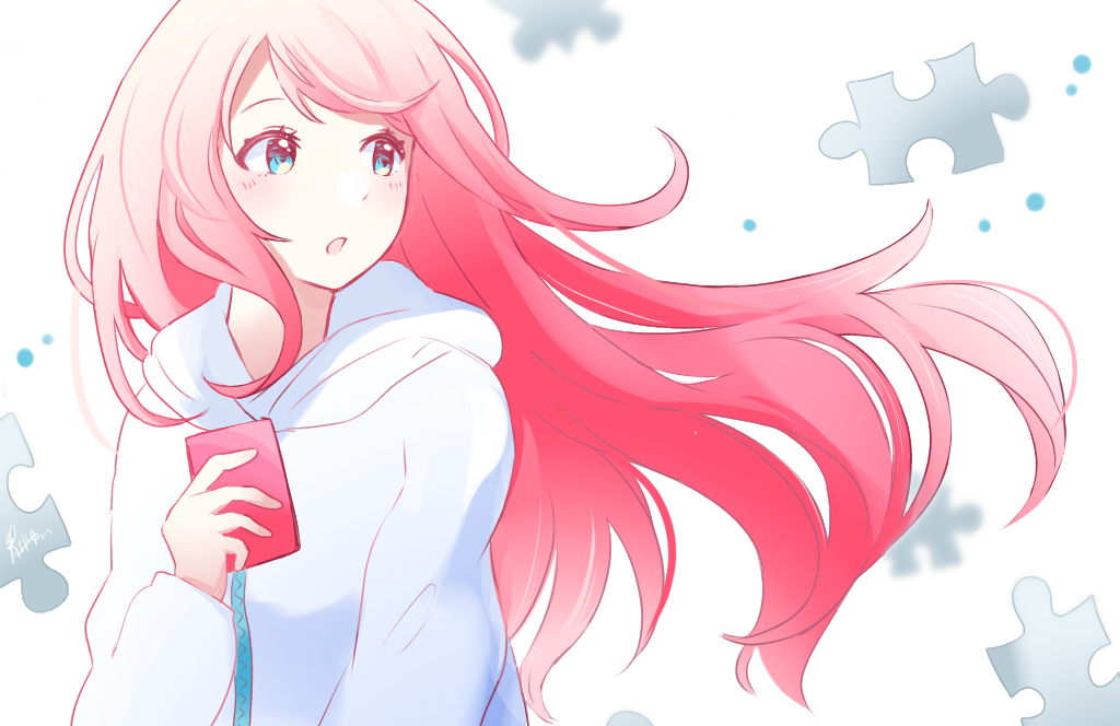 1girl, aoiyui, blue_eyes, holding, hood, hood_down, hoodie, interviewer_(vocaloid)