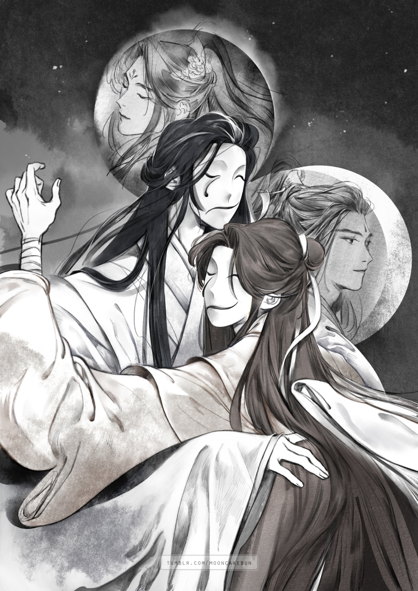 2boys, ^_^, absurdres, arm_wrap, bai_wuxiang, black_hair, brown_hair, chinese_clothes